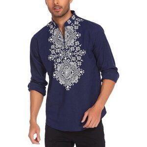 Men's Blue Shirt Long Sleeve Floral Print Casual Cotton Beach Hippie T Shirt